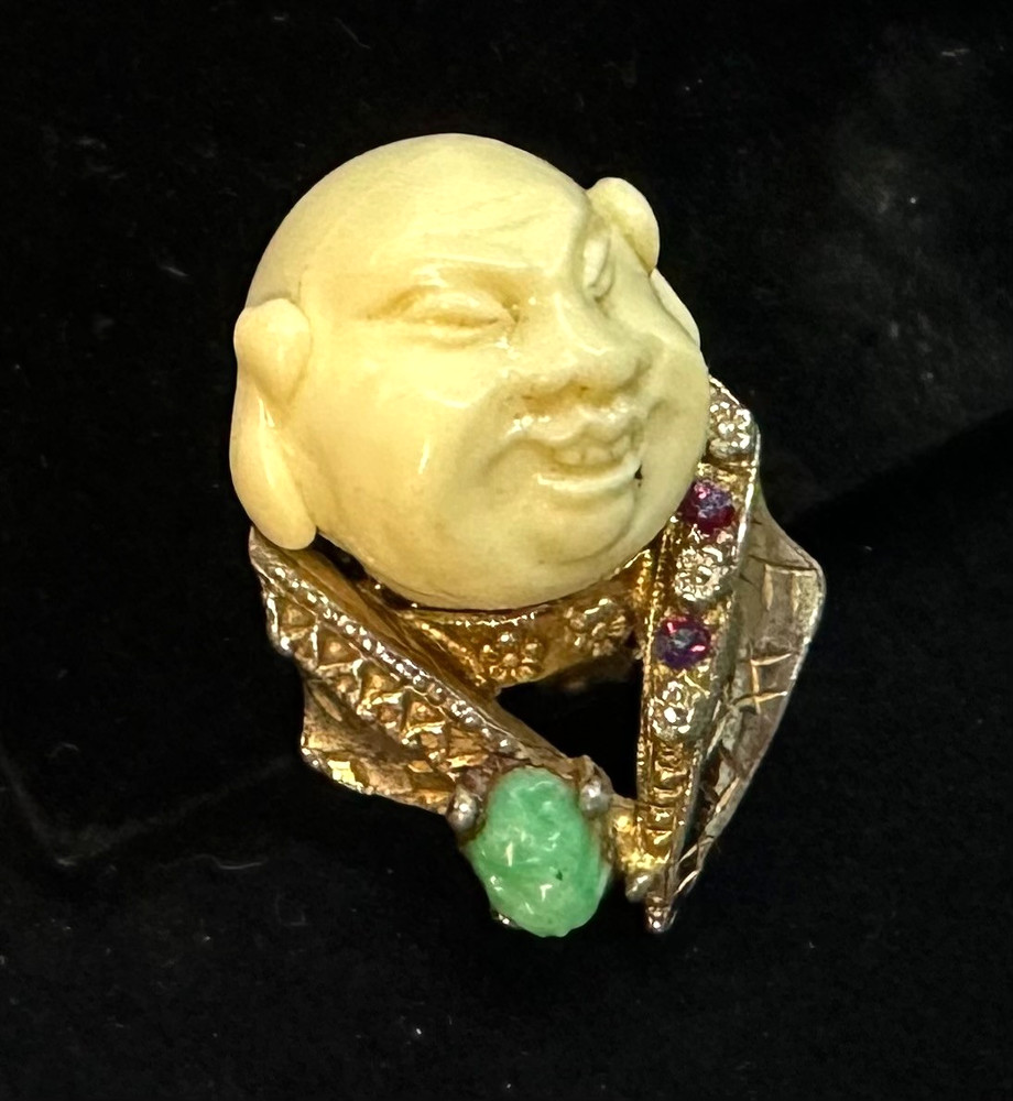 RARE! Signed HAR Laughing Buddha Faux Jade Gold Tone Single Clip-on Earrings