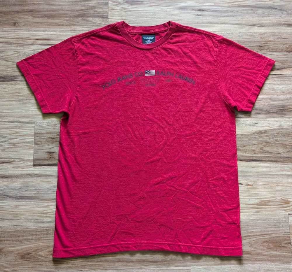 Vtg Polo Jeans Co Ralph Lauren T Shirt Mens L Red Patriotic Flag Spellout 90s