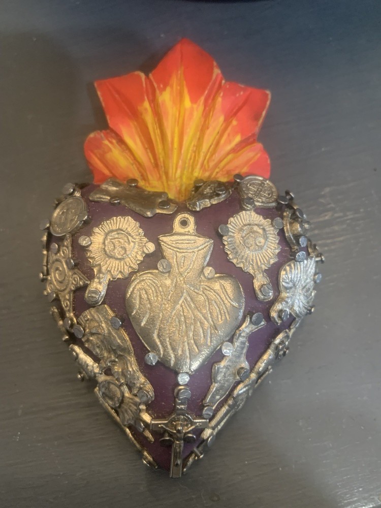 Sacred Heart Milagros Wood Hand Painted  Mexico Folk Art