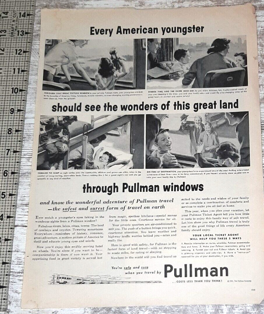 1955 Pullman Vintage Print Ad Train Car Sleeper Travel Mother Children Rails B&W