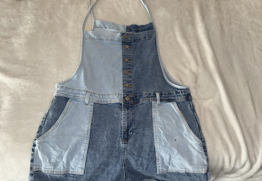 Celebrity Pink Colorblock Denim Romper XXL Pockets Adjustable Straps Women