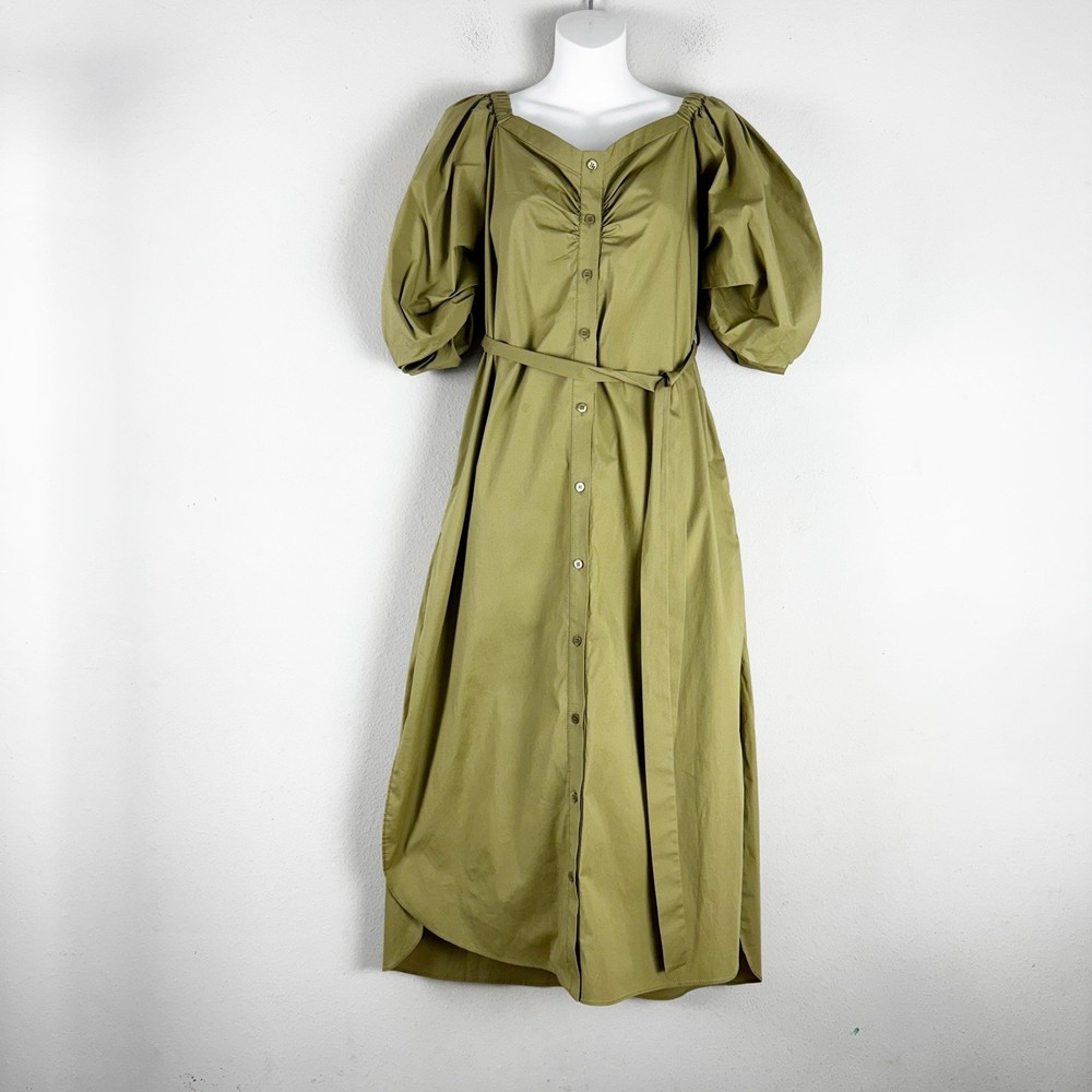 Staud Women's Reese Off-The-Shoulder Shirt Dress Side Slit Size XS Green *Read*