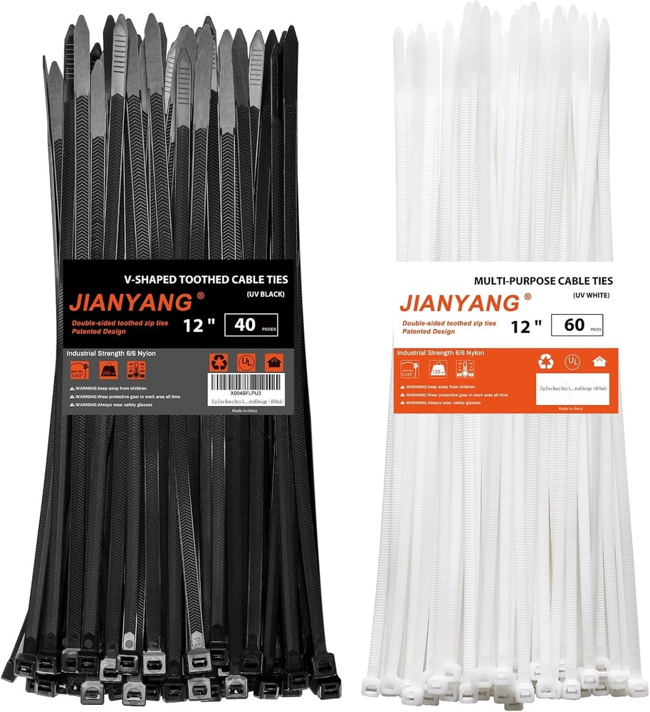 V-Shaped Heavy Duty Zip Ties, 12+12 Inch Double-Sided, 200 lbs Strength