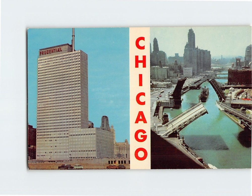 Postcard Prudential Building & Chicago River Bridges Illinois USA