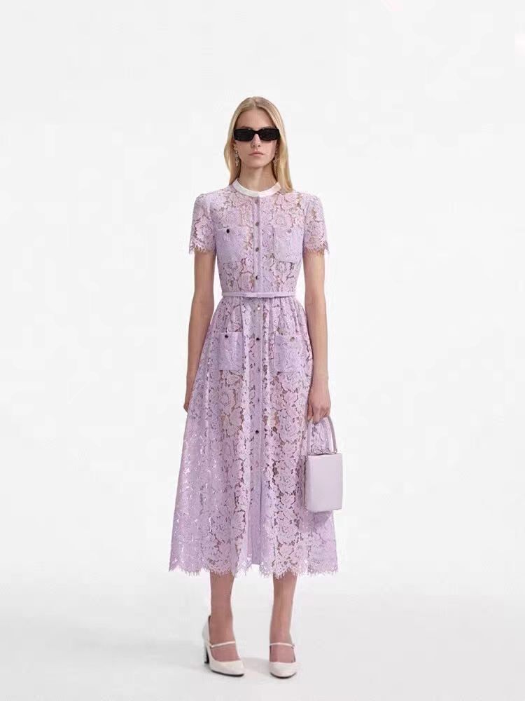 Self-Portrait purple Round collar Belt Lace Dresses