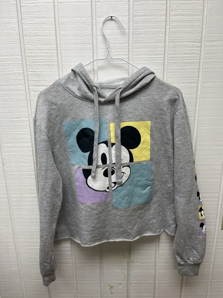Disney Mickey Mouse Women’s Medium Hoodie Grey Graphic Print Cropped Sweatshirt