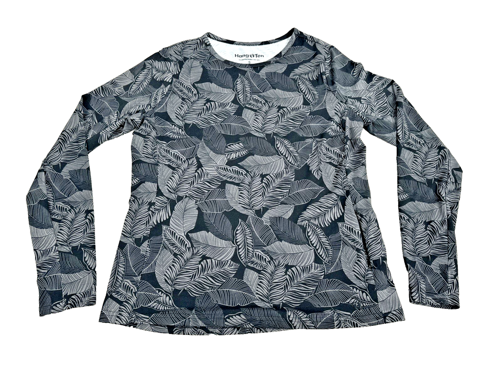 Hang Ten Women Small Sun Tee Long Sleeve UPF 50+ Black Palm Leaf Print