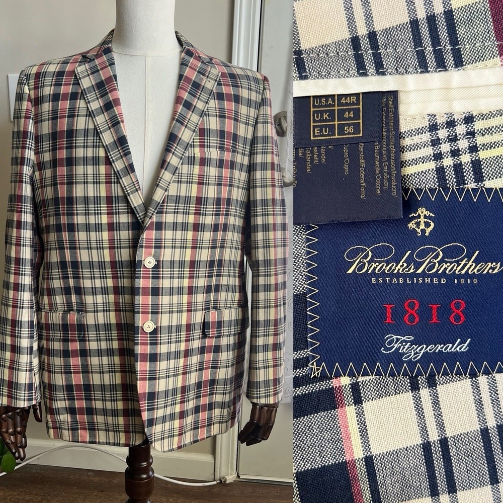 Brooks Brothers 1818 Fitzgerald Blazer 44R Madras Plaid Cotton Unstructured