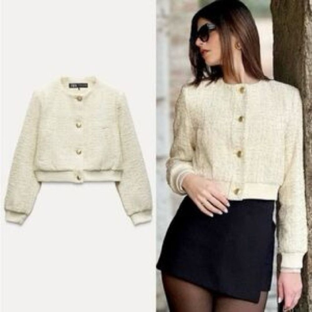 NWT ZARA Textured Weave Cropped Off White Bomber Jacket Sz L