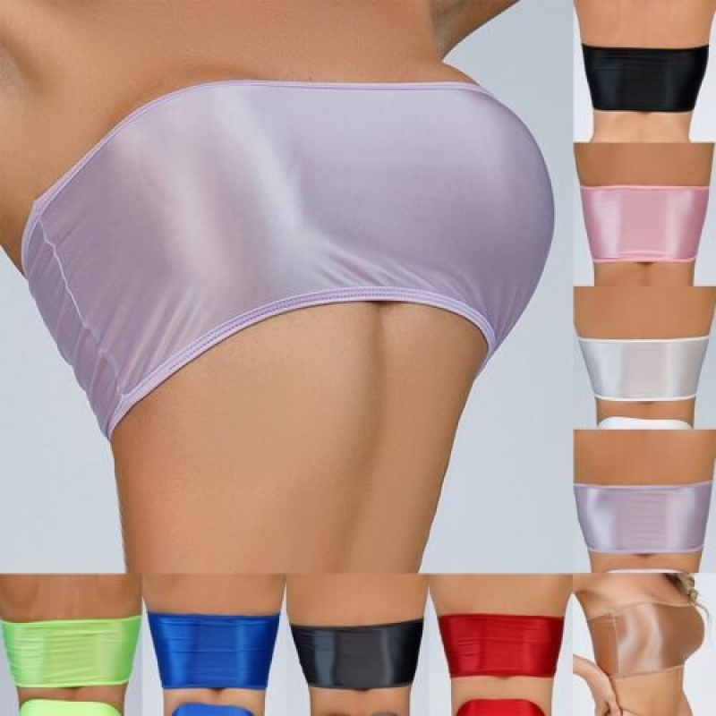 Women Oil Glossy Shiny Strapless Crop Tube Top Rave Bandeau Bra Tank Top T-shirt