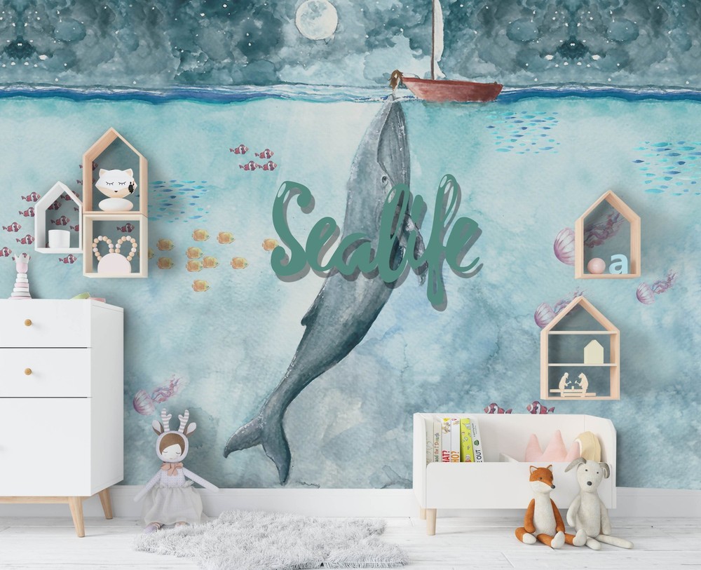 3D Ocean Whale Jellyfish Watercolor Wall Murals Wallpaper Murals Wall Sticker