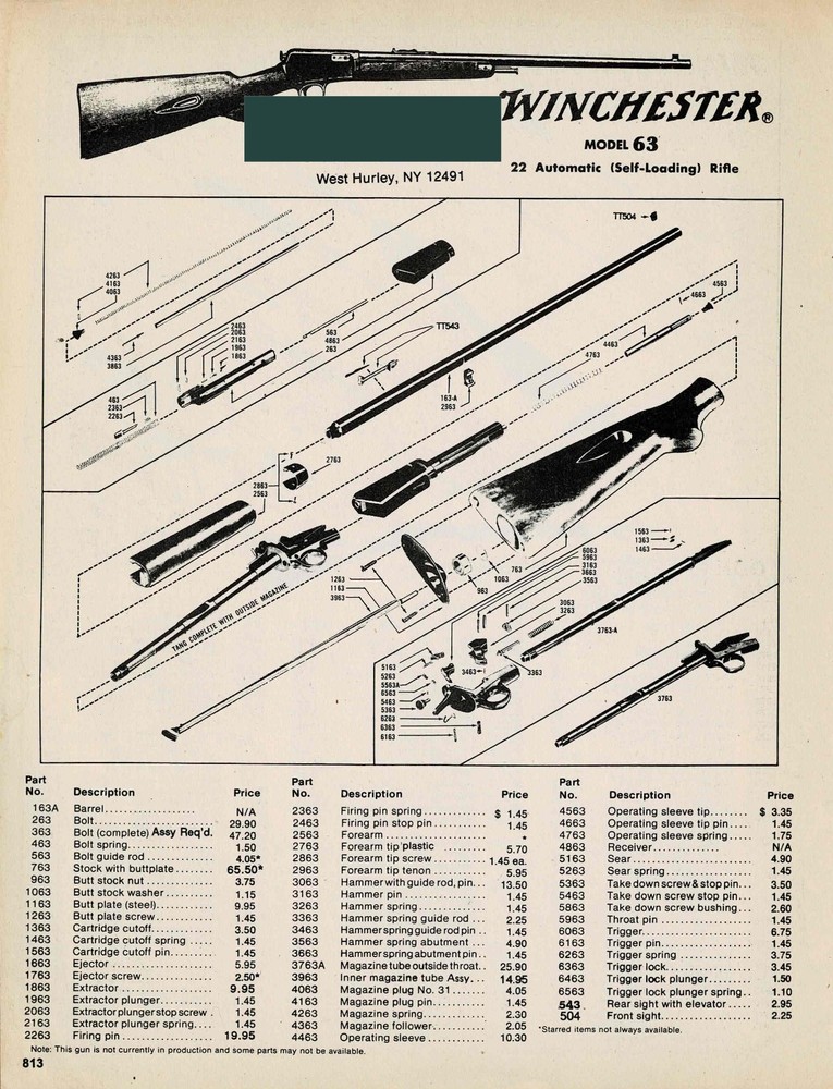 1998 WINCHESTER 63 Autommatic Self Loading  Rifle Schematic parts  list