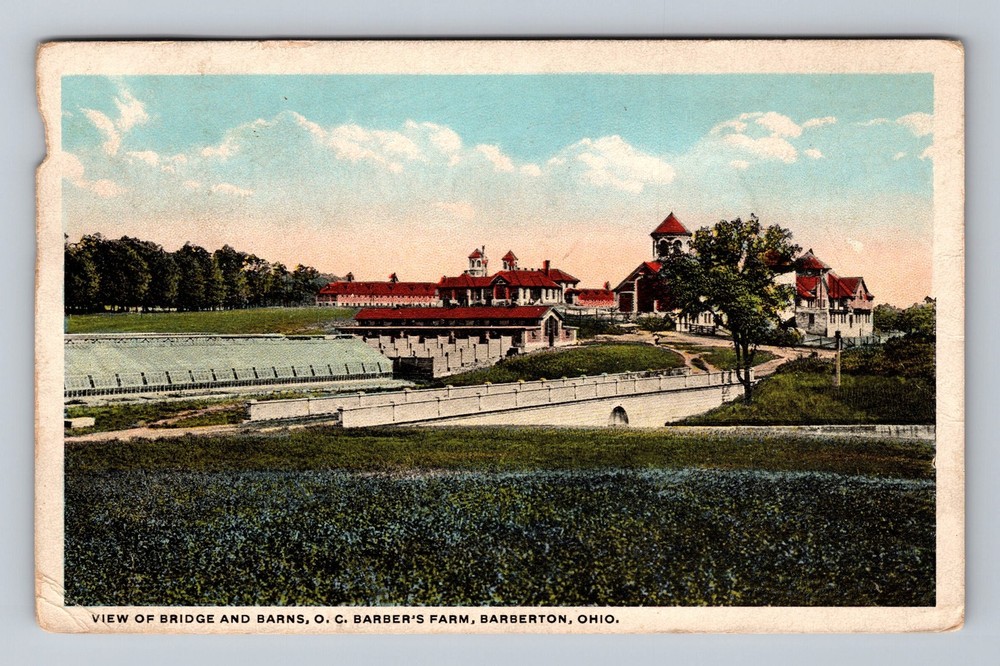 Barberton OH-Ohio, View Bridge & Barns O C Barber's Farm Vintage c1923 Postcard