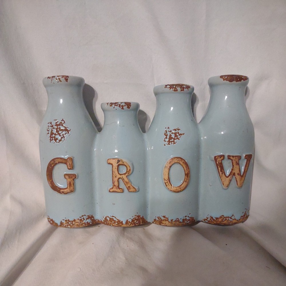 Rustic Ceramic GROW Bud Vase – 7.5”x5.5” Farmhouse Bottle Style Planter Decor