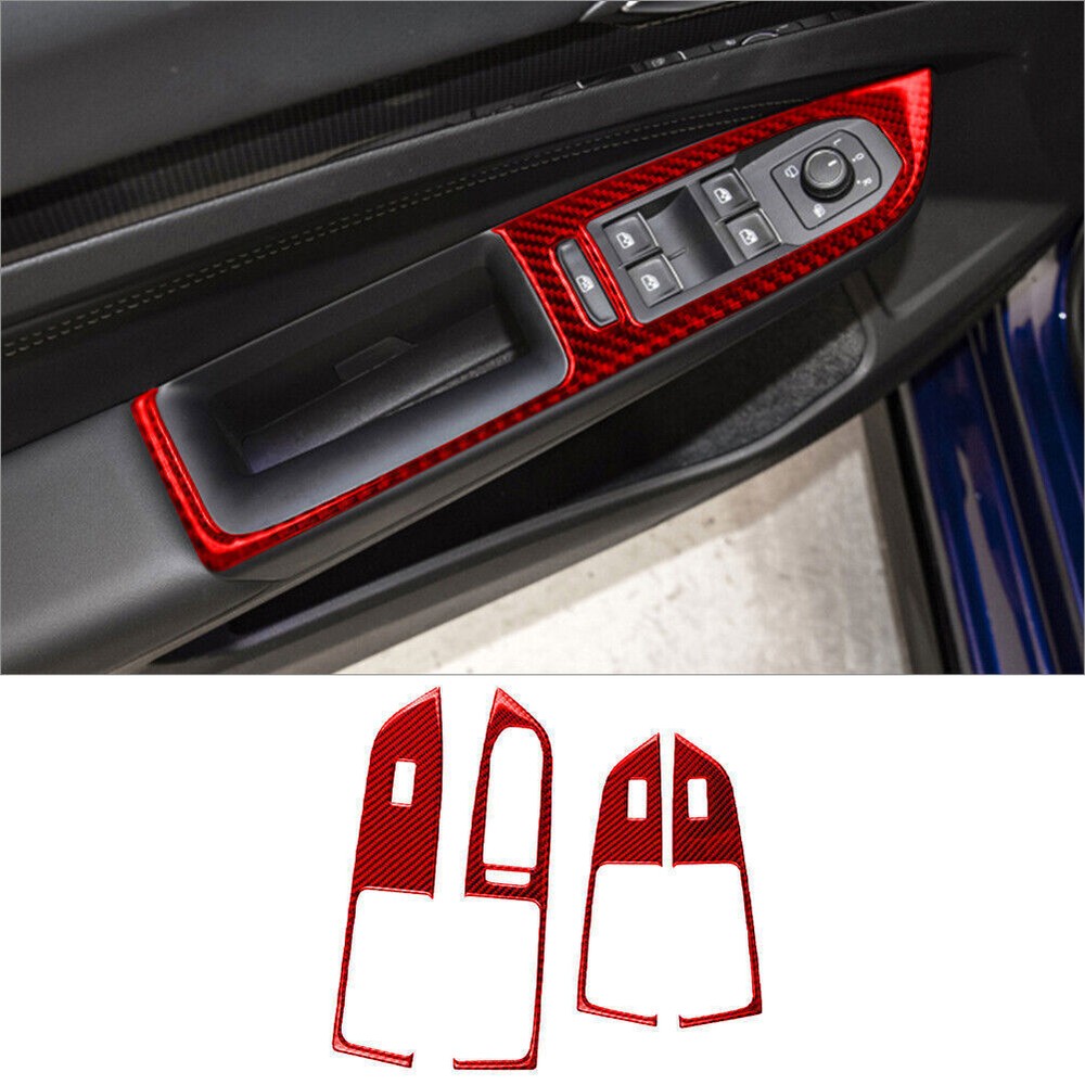 For Volkswagen Golf Red Carbon Fiber Car Interior Window Control Cover Trim 4Pcs