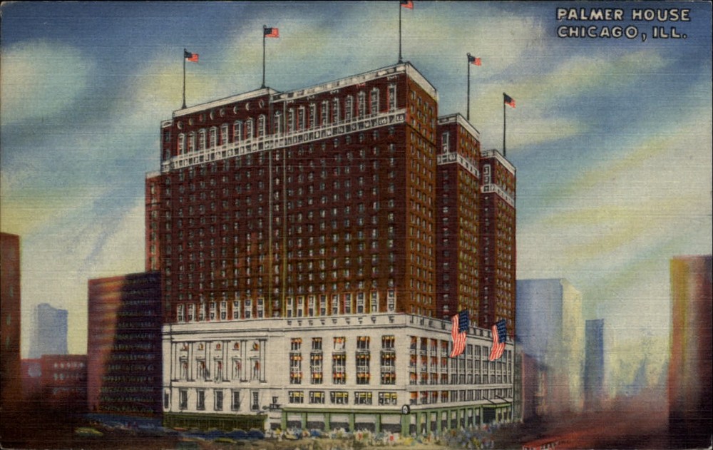 Palmer House ~ Chicago Illinois flags ~ 1940s linen ~ fog artistic design