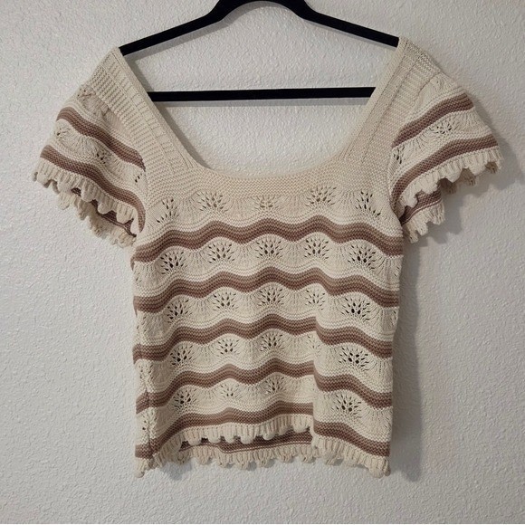 Boho Crochet Knit Top Neutral Cotton Coastal Cowgirl Festival Size Large