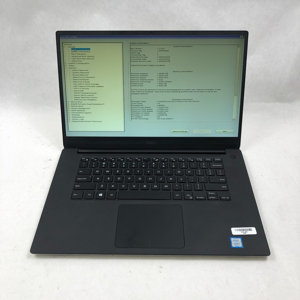 Dell XPS 15 7590 Core i7-9750H 2.60GHz 16GB RAM 256GB SSD GTX 1650 No OS *Read*