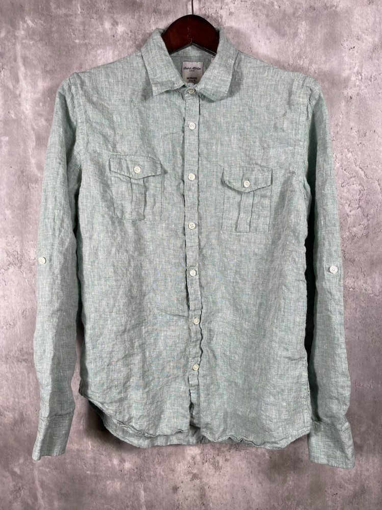 Murano Baird McNutt Linen Shirt Mens Large Green Slim Fit Long Sleeve
