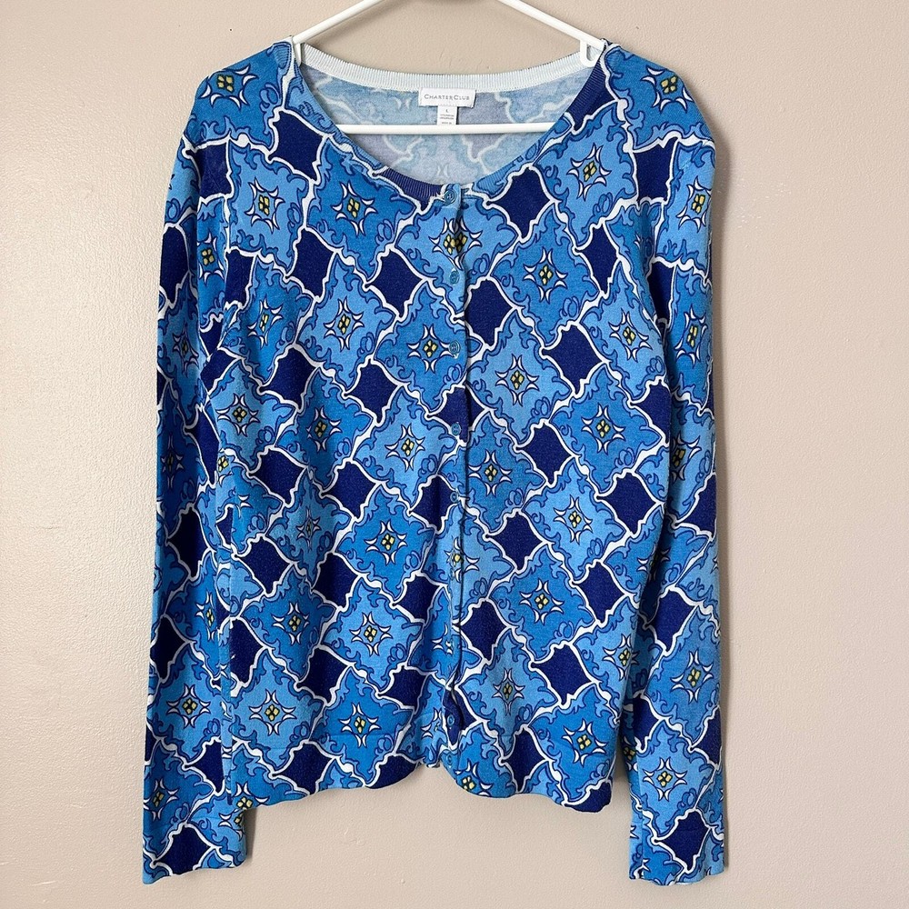 Charter Club Cardigan Sweater Women LARGE Preppy Button Front Twee Blue Workwear