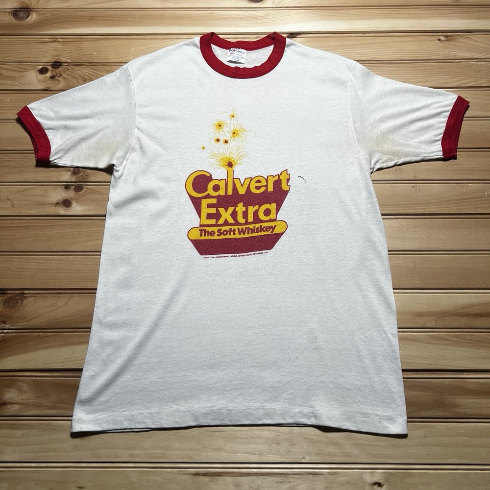 Vintage 70s 80s Calvert The Extra Soft American Whiskey Ringer Shirt Size Large