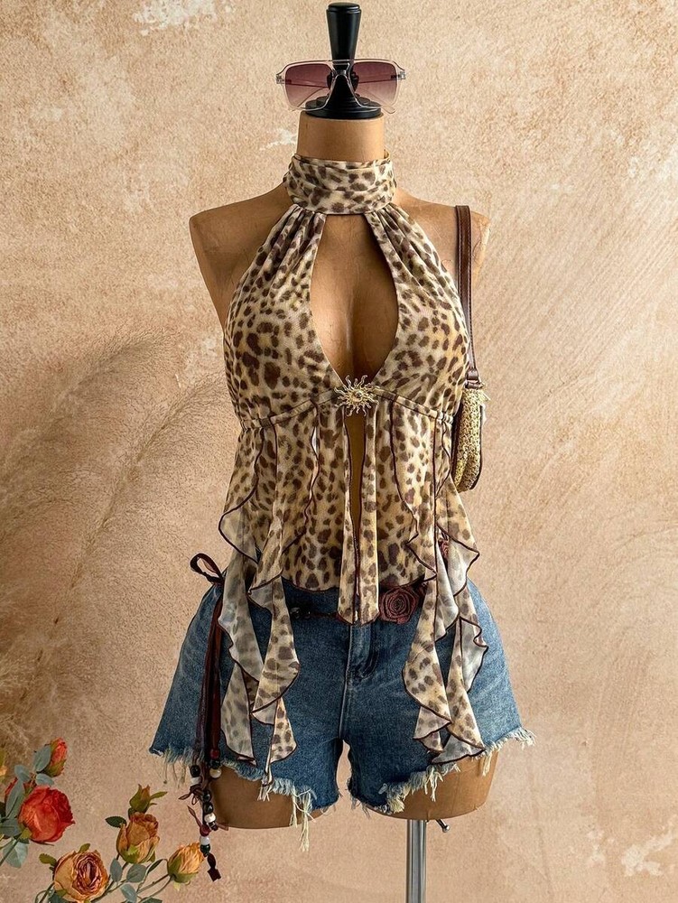 Leopard Print Halter Neck Top Backless Asymmetrical Boho Vacation Beach Blouse