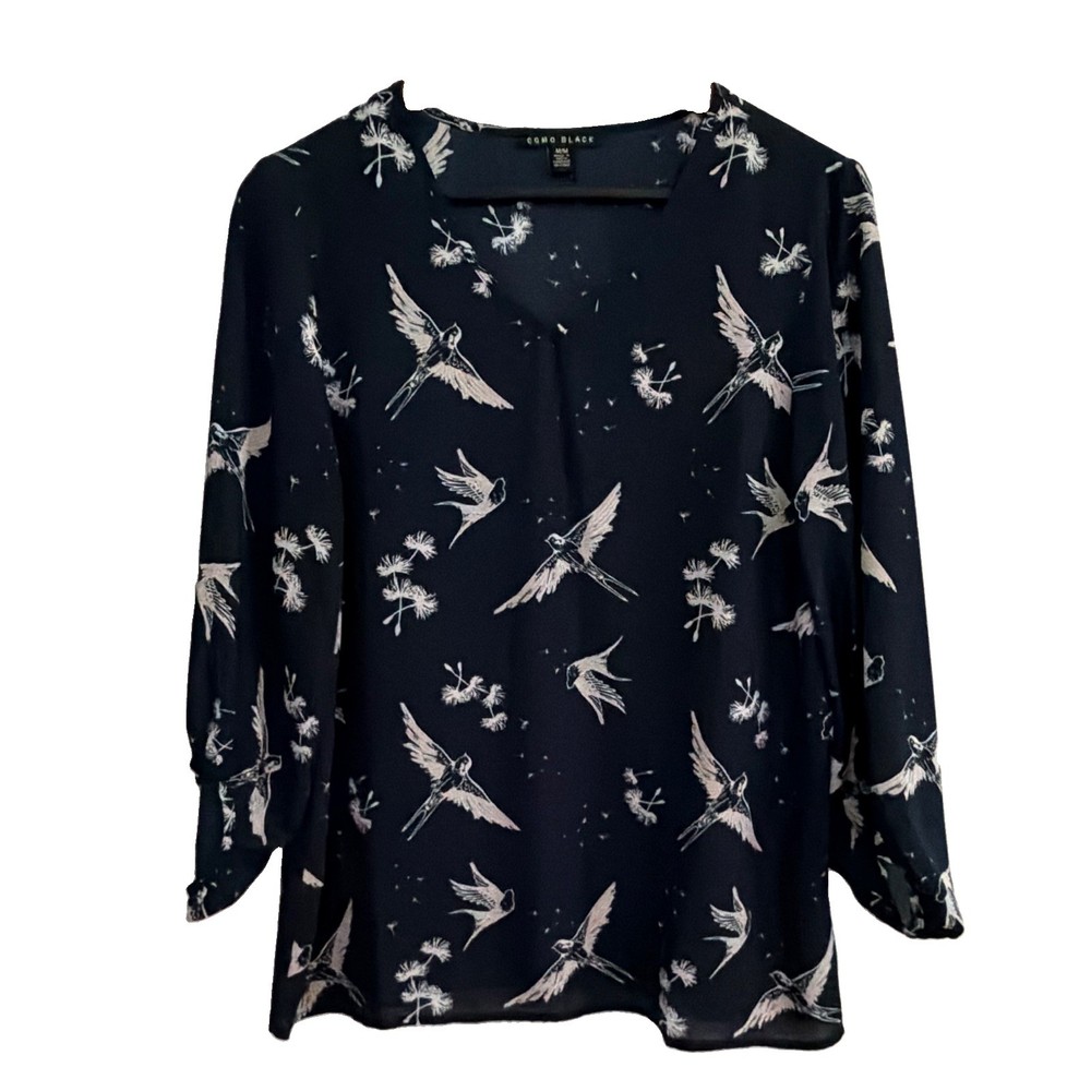 Como Black Women’s Bird Print V-Neck Long Sleeve Blouse Navy/White Size M