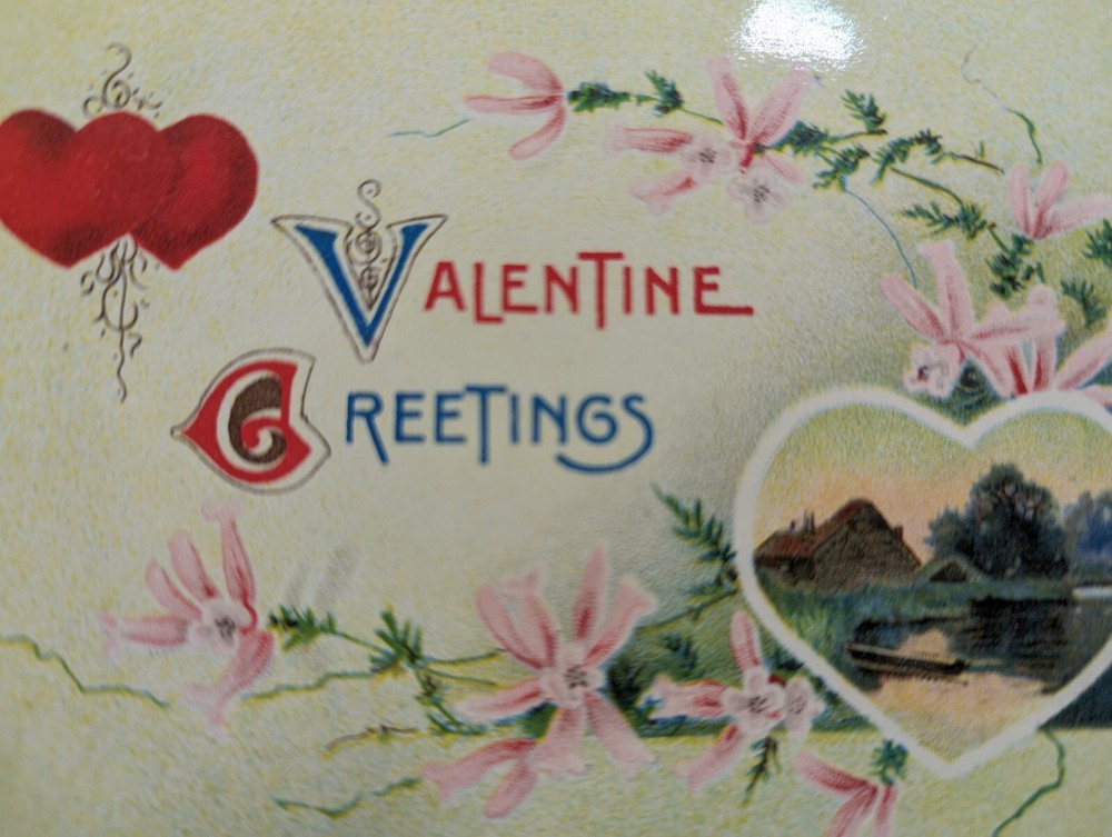 Valentine Greetings Bucolic Scene Hearts Floral Antique 1913 Postcard