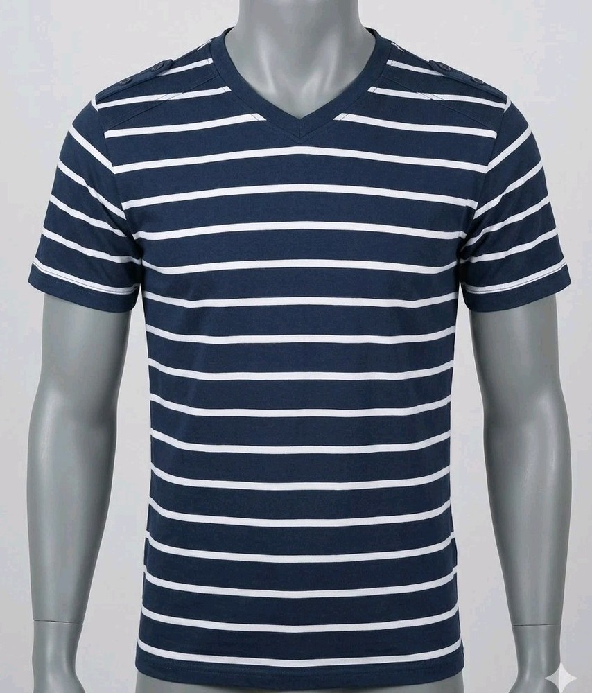 JEANSTATION Men's S Navy  Striped V-Neck T-Shirt Jersey Cotton Blend(260330-05)