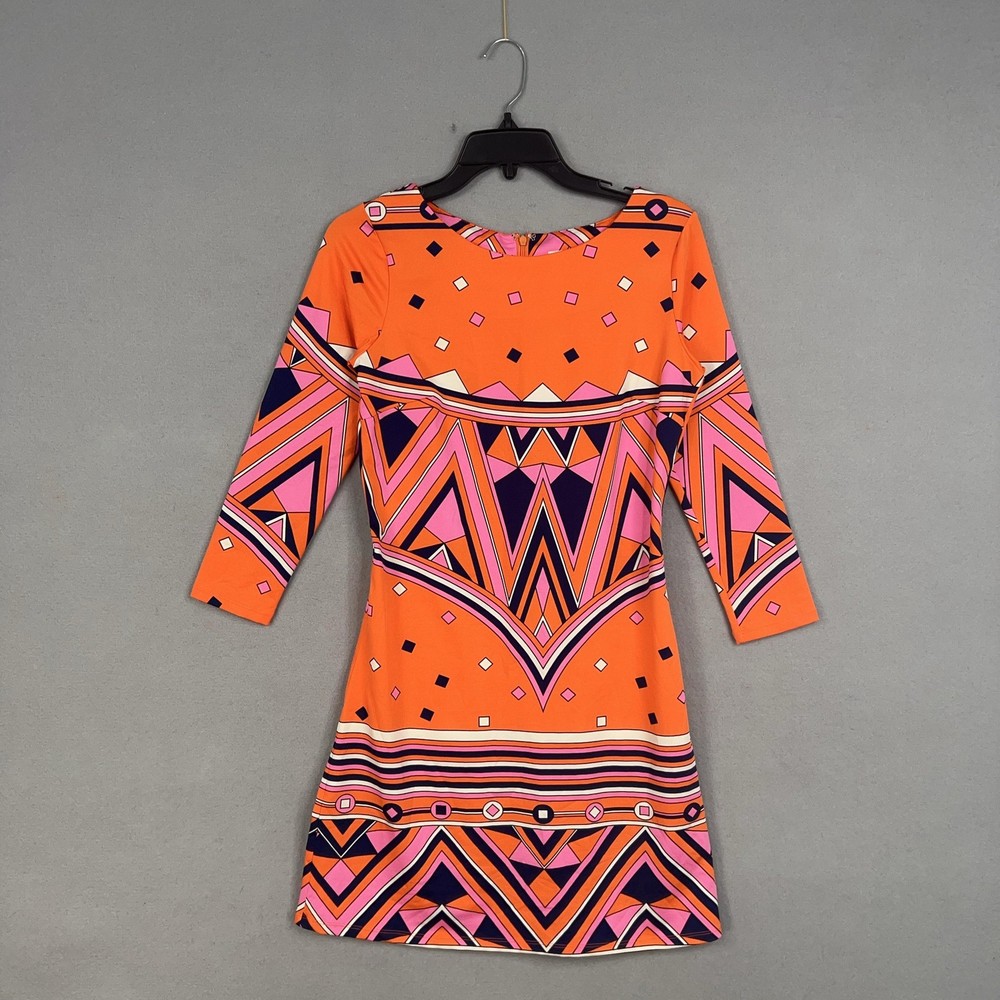 Julie Brown NYC Dress Womens Small Orange Pink Geometric Print 3/4 Sleeve A-Line