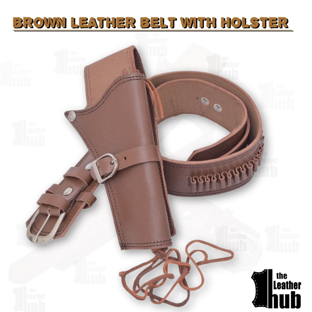 Cowboy Style Gun Revolver Single Holster Belt Plain Brown Leather High Qualität