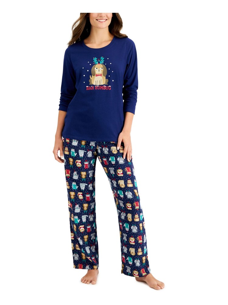FAMILY PJs Womens Bah Humbug Blue Long Sleeve Top Straight leg Pants Pajamas XL