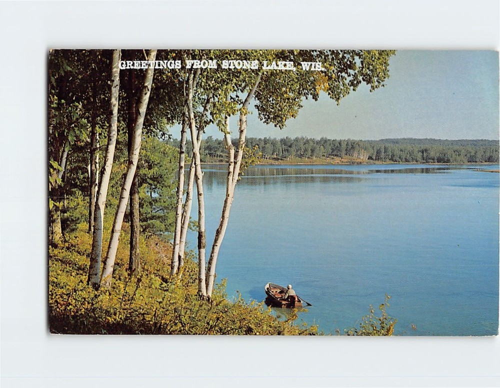 Postcard Fishing Scene Greetings from Stone Lake Wisconsin USA