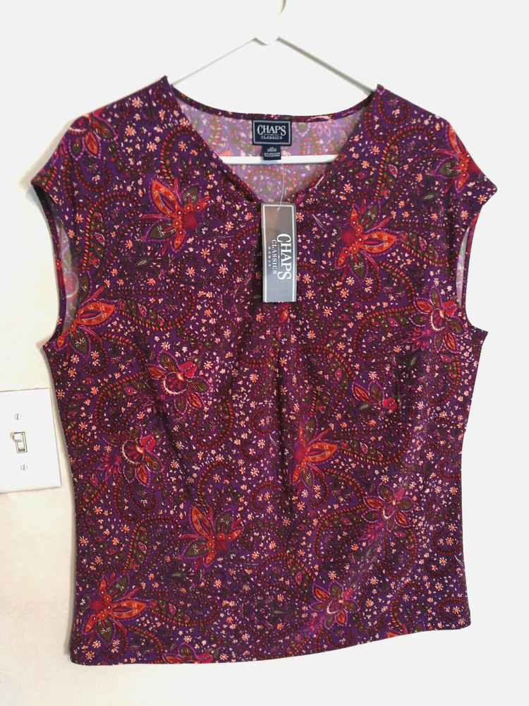 Chaps Womens Blouse 1X Plus Floral Purple Shirt Tank Top Sleeveless V-Neck Boho