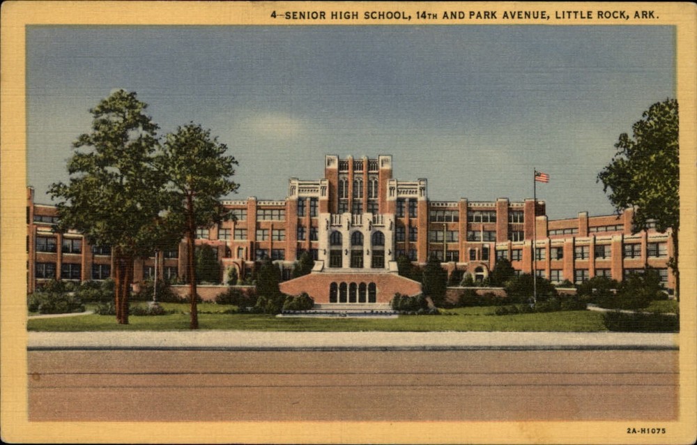 Senior High School Little Rock Arkansas flag ~ 1940s linen postcard
