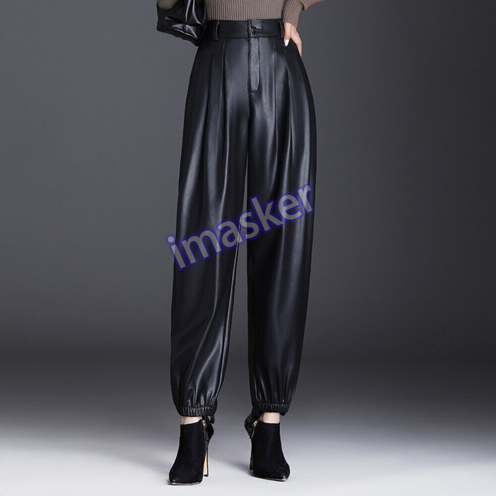 Vintage Fleece-Lined Faux Leather Tapered Pants with Frill Pleats for Women