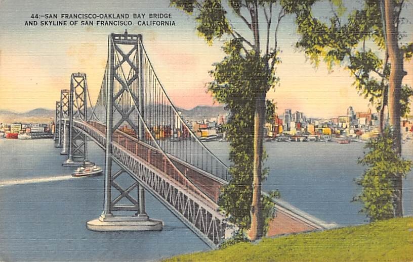 Postcard CA: Oakland Bay Bridge to San Francisco, Vintage Linen, Unposted
