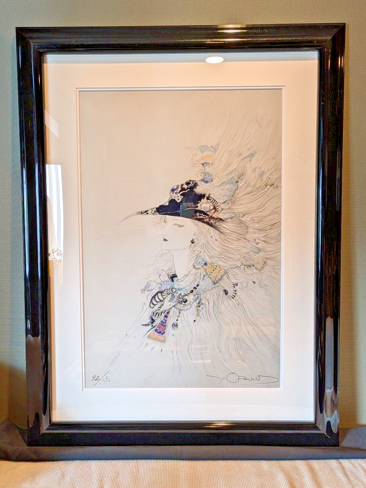 Yoshitaka Amano Signed Face Woman Hat Lithograph Art Print Limited Framed 92/150