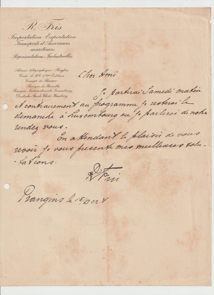 Vintage Handwritten French Letter R. Fris Import-Export - Prangins 15 Oct. 1920s