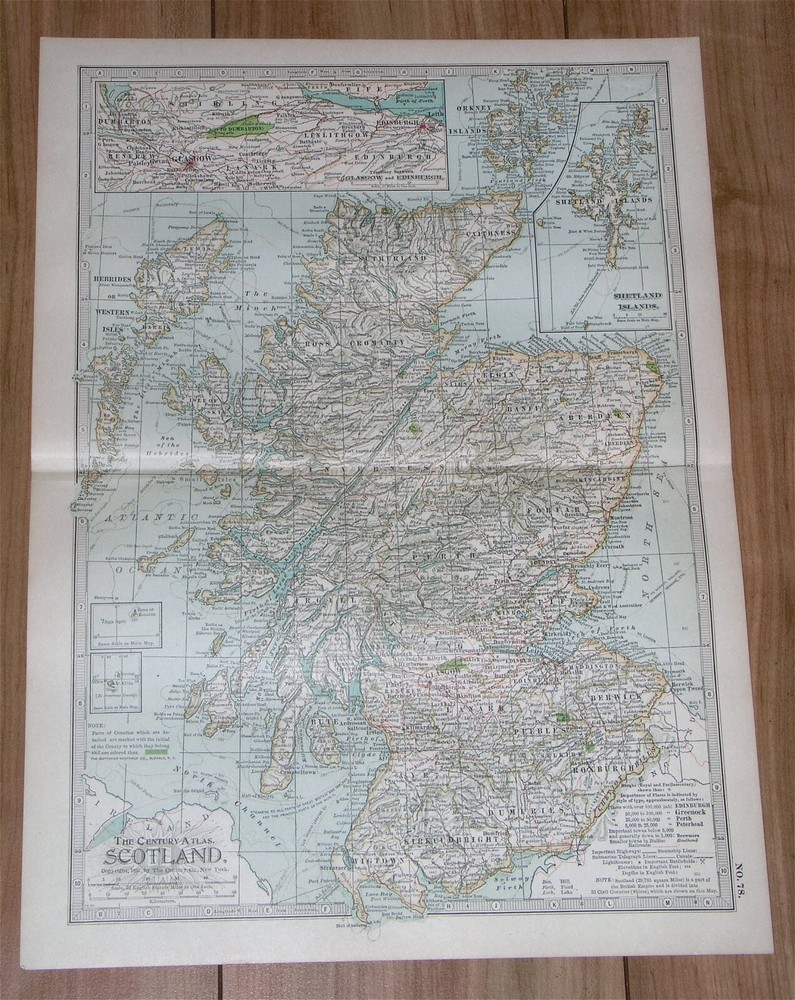 1897 Antique Dated Map Of Scotland Glasgow Edinburgh Orkney Shetland Islands