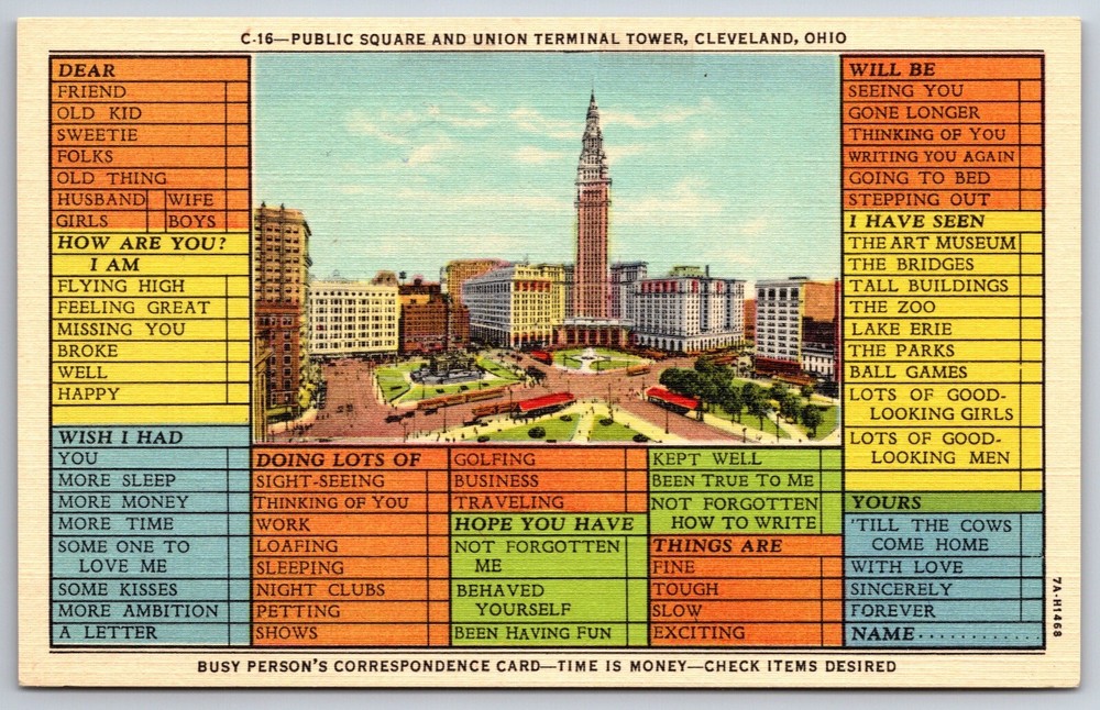 Cleveland Ohio~Public Square & Terminal Tower~Correspondence Vtg Linen Postcard