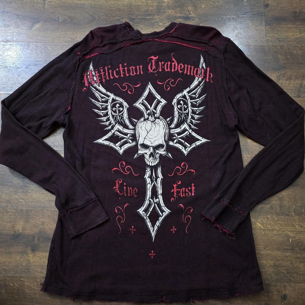 Affliction Reversible Shirt Mens 3XL Red Skull Cross Long Sleeve Thermal