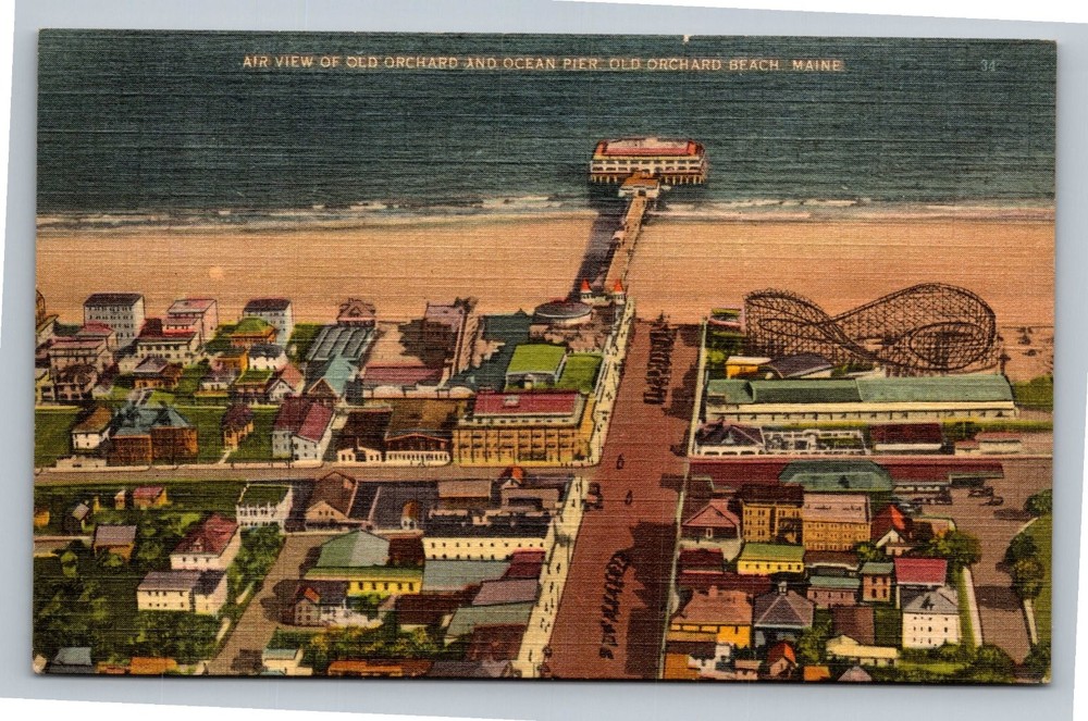 Vintage Linen Postcard Air View Old Orchard Beach Maine Pier