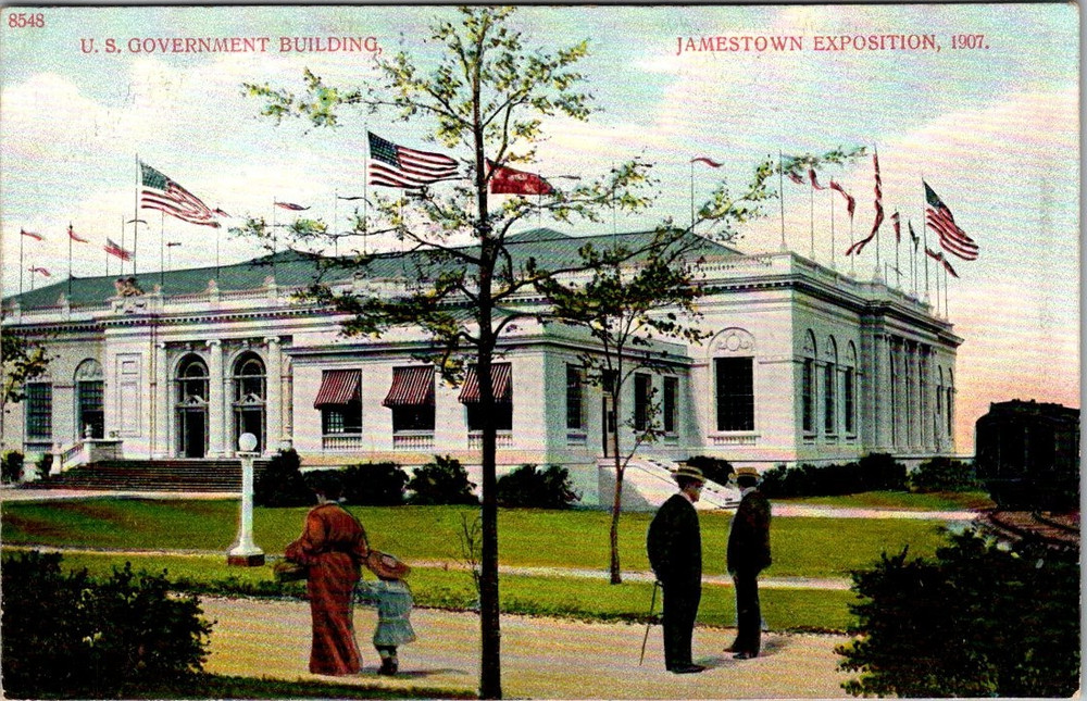 Vintage Postcard Jamestown Exposition 1907 US Government Building Flags