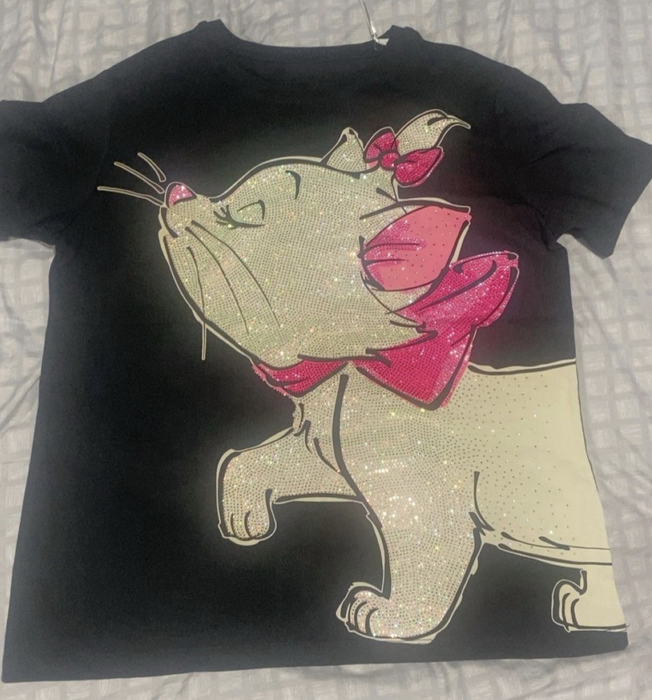 Disney Marie The Aristocats Black Glitter T-Shirt White Pink Adult