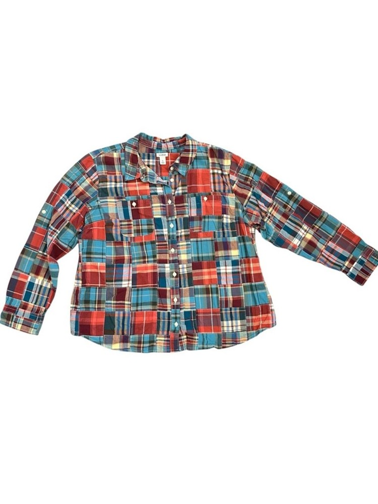 L.L. Bean Women’s Patchwork Shirt Long Sleeve Plaid Button-Down Madras Cotton XL