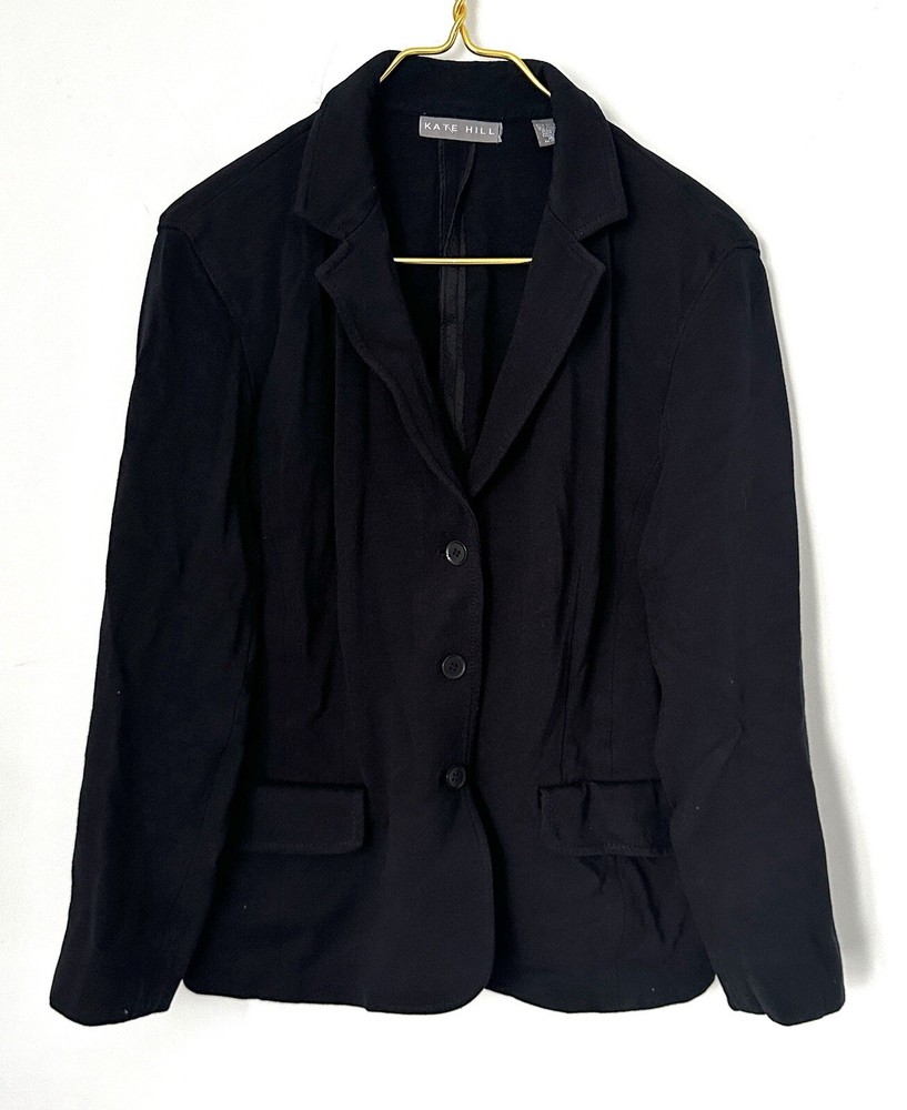 Kate Hill Black Stretch Fabric Casual Button Front Blazer Jacket Women’s 16