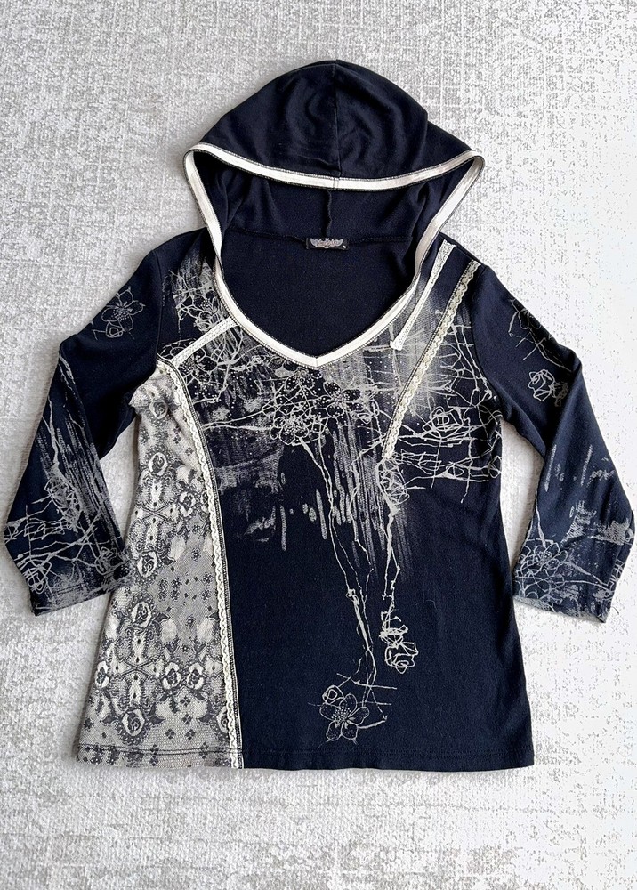 VTG Y2K USA Affliction Style Hoodie Shirt Top Lace Rhinestone Fairy Grunge