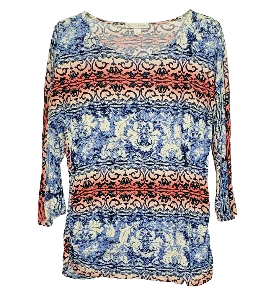 db establish Top Small Blue Peach Cream Knit Floral Pullover Side Ruched Stretch