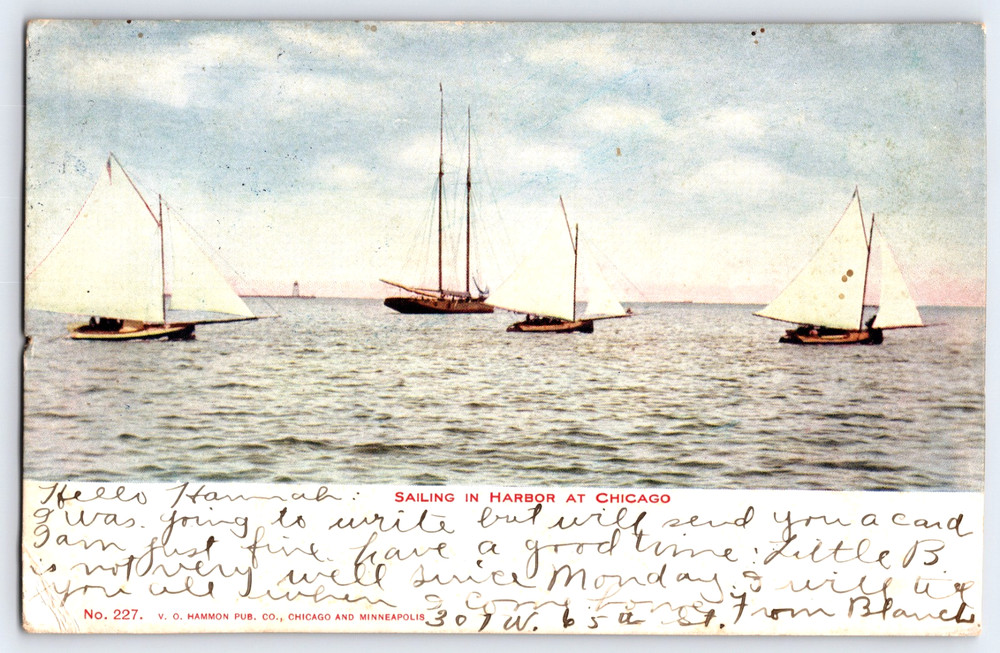 Chicago Illinois Sailing Boats In Harbor Water Scene Antique Vintage Postcard